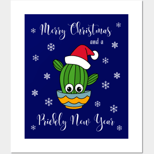 Merry Christmas And A Prickly New Year - Cactus With A Santa Hat In A Bowl Posters and Art